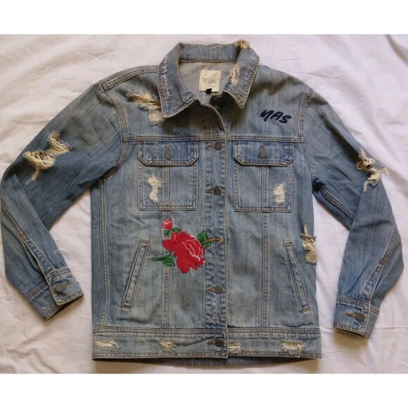 Hidden Embroidered Distressed Denim Jean Jacket Grunge Y2K Women's Size XS - Picture 1 of 16